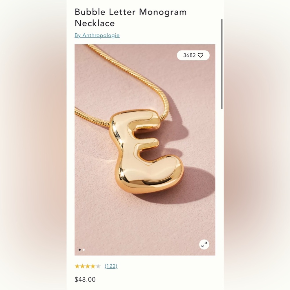 NWT Anthropologie Bubble Letter Monogram Necklace “E”